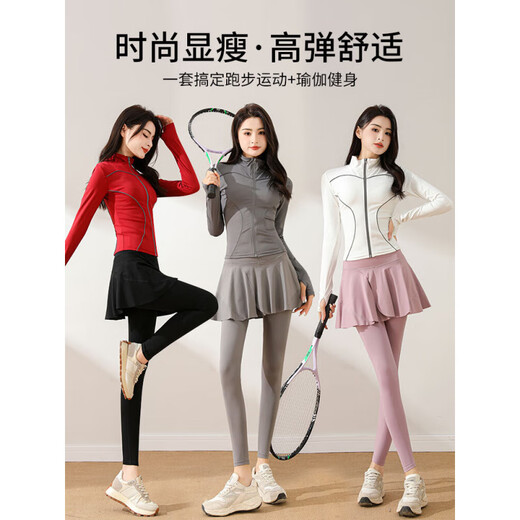 LULULOMDDW Sports Suit Women's 2025 New Pilates Yoga Wear Fitness Clothes Pants Morning Running Suit Quick-Drying Clothes Badminton Skirts Jacket Rose Red M (Please refer to bust and waist for size selection)