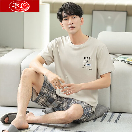 
Langsha pajamas men's summer pure cotton thin short sleeve shorts suit 20 years new fat plus size men's home clothing HD9926D short sleeve shorts suit men L 100-125Jin [Jin equals 0.5 kg]