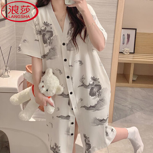 Langsha Sommer-Stricksalz-Nachthemd mit Brustpolstern lose und schlanker chinesischer Stil bedrucktes süßes und sexy Kleid-Pyjamas mittelgroß 5155 Nachthemd mit Brustpolstern] M empfohlen 80-95 Jin [Jin gleich 0,5 kg]]