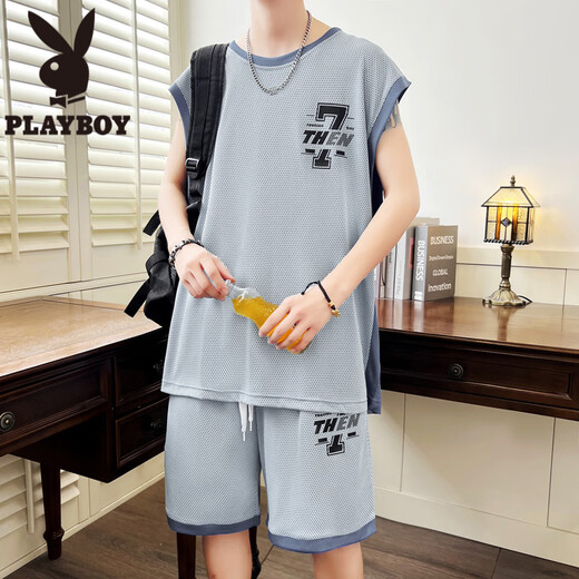 花花公子（PLAYBOY）冰丝无袖t恤男孩12-15岁青少年学生速干篮球服13大童背心运动套装 6636深灰(背心+短裤) 品质保证 L 100-120斤左右