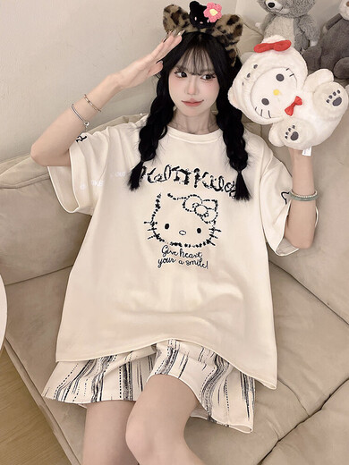 Netter Hellokitty Pyjamas für Frauen reine Baumwolle Sommer kurzärmelig dünner Stil Plus Size 200 Jin [Jin entspricht 0,5 kg] Student Home Clothing Qys9928 m (geeignet für 80-100 Jin [Jin gleich 0,5 kg]))