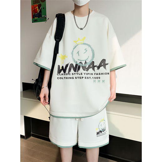 歌古森夏季运动套装男孩时尚潮流12-15岁青少年初中生短袖短裤学生男装 9928米色 M 80-100斤可穿