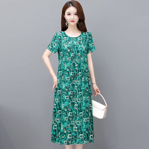 三栖虎2025夏季新款短袖中年妈妈连衣裙女大码女装碎花洋气大摆长裙 9923款1号 XL  （建议90斤-120斤）
