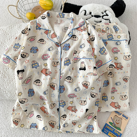 Niedlicher Crayon Shin-Yun-Baumwollpyjamas für Frauen dreiteilige Sommer-Strickjacke Cartoon Home Clothing Set JHX-9901J#Pink Bian Mike M Empfohlen 80-100