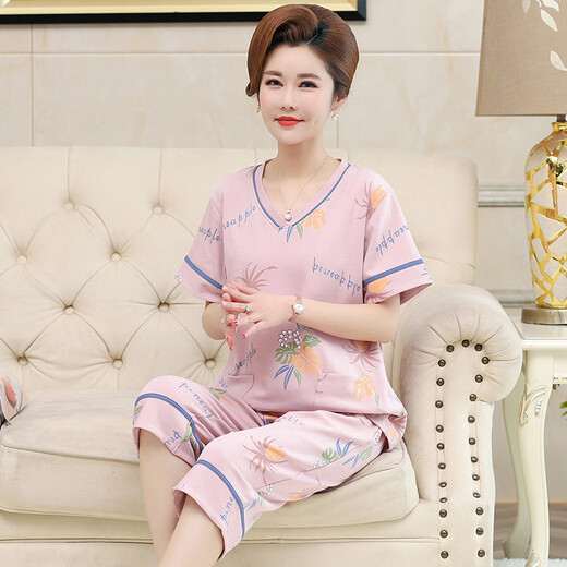 维多利亚的格调中年妈妈睡衣女夏季纯 棉短袖家居服中老年薄款七分裤两件套 Y3937 XL