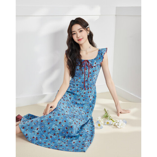 
IEF/Aiyifu skirt 2025 summer new French tea break romantic lady vacation style vest long skirt blue flower S