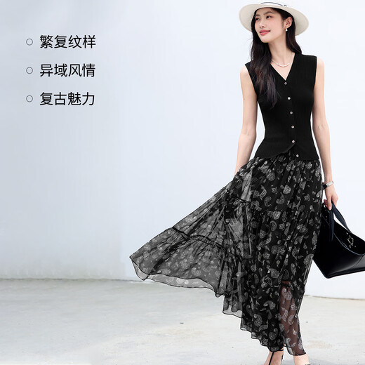 Eifli (eifini) Eifli's light and flowing waist beef tendon black cashew flower long cake skirt for women 2025 summer new style snow crystal black M
