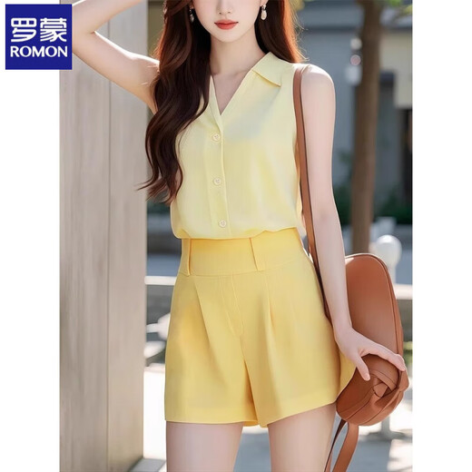 Romon High-End Little Dufts Sommeranzug für Frauen mit einem vollständigen Satz fähiger Temperament weiblicher Temperament weiblicher Dopamin C213# [Gelb zwei Teiler] m Vorschläge [100-110]