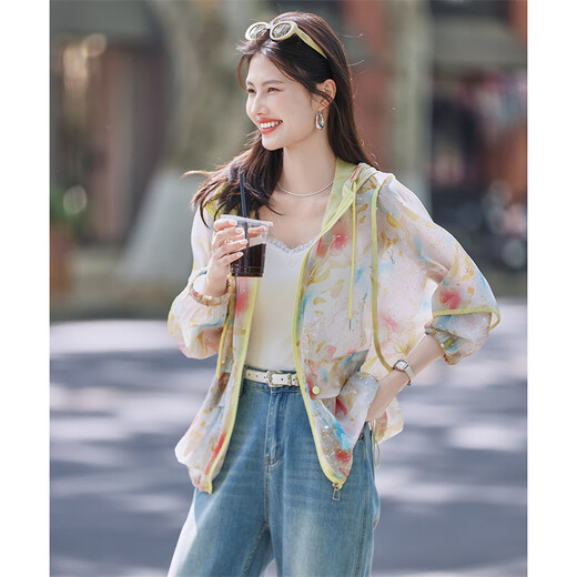 Shangjing Ou Ruofeng Monet Garden Printed Gold Sunshade Top 25 Summer New Loose and Slightly Transparent Hooded Jacket for Women