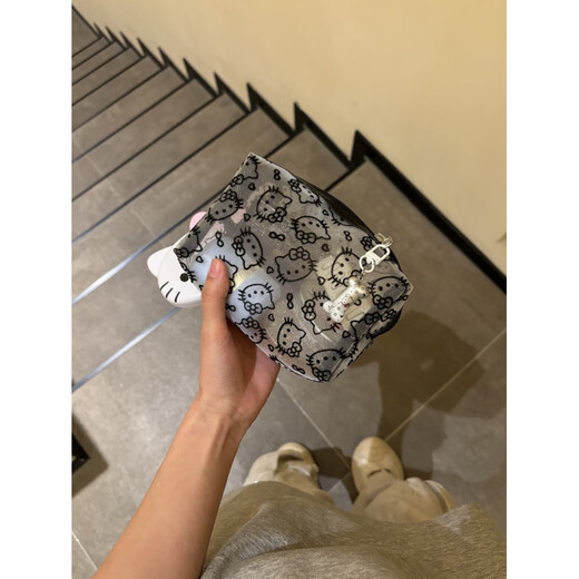 Simple and cute black mesh kitty cosmetic bag, portable large-capacity storage bag, hand-held makeup bag, stain-resistant, black flocked mesh kitty bag + small bones