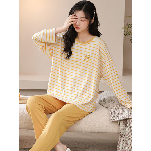 Pajamas modal pour les femmes Modal Large taille 200 Jin [Jin est égal à 0,5 kg] Fat à manches longues pantalons vêtements de maison Spring and Automne Thin Ice Silk Casual Casual Suit 3882 5xl (200-220 Jin [Jin est égal à 0,5 kg]))