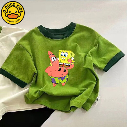 G.DUCKKIDS男童女童纯棉短袖T恤夏季新款卡通海绵宝宝半袖儿童洋气上衣t 673绿色【派大星抱 海绵宝宝】 120