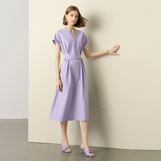 Farbdomain Kurzarm Ständer Kragenkleid für Frauen 2025 Sommer High-End-Satin-Schnür-up Taille-close-Mid-Long-Kleid lila m