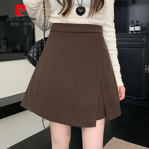Pierre Cardin fat mm plus size 2025 autumn and winter new small slit culottes early autumn woolen high waist slim versatile A-line shorts for women coffee color L recommended 105-120 Jin Jin equals 0.5 kg