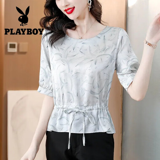 Playboy (PLAYBOY) heavy silk shirt for women in summer new style, age-reducing and slimming belly printing short-sleeved mulberry silk shirt color 9855# L 105-115Jin[Jin equals 0.5 kg]