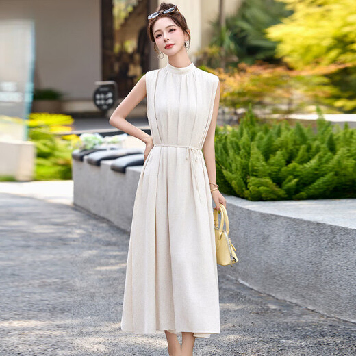 Ehangy Light Luxury Brand 2025 Summer New Dress Women's High-end Temperament Western Style Age-Reducing Simple and Elegant Skirt Beige M