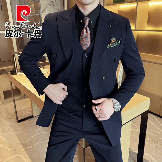 Pierre Cardin groom wedding suit men's peaked lapel slim dress business professional formal double-breasted suit men black three-piece suit XL (suitable for 126-140 Jin Jin equals 0.5 kg)