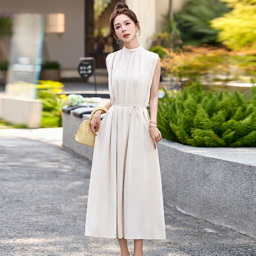 Ehangy Light Luxury Brand 2025 Summer New Dress Women's High-end Temperament Western Style Age-Reducing Simple and Elegant Skirt Beige M