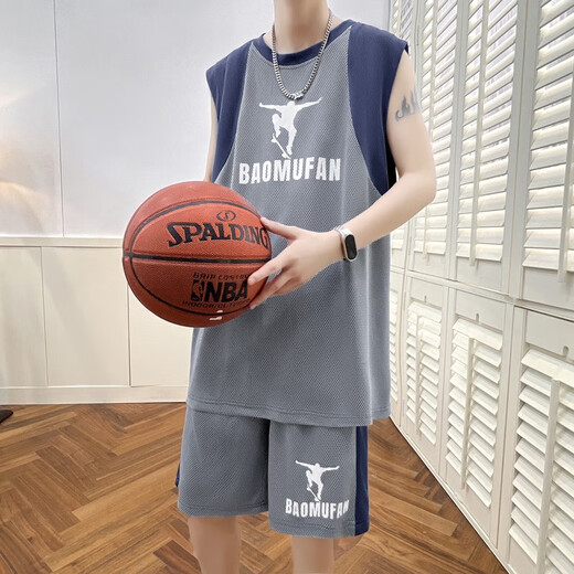 Ran de la même chemise sans manches estivale de Yilan pour garçons, combinaisons de basket-ball pour garçons, lycéens juniors et lycéen, gros veste de sport pour enfants 6636 gilet gris foncé + short qualité Assurance m 80-100jin [Jin est égal à 0,5 kg]
