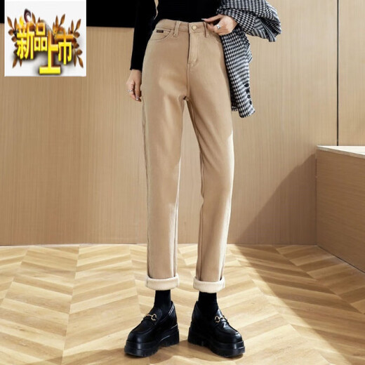 Jeans de terciopelo de primer diámetro para mujeres que usan un nuevo estilo de invierno Pantalones de algodón de caqui de caqui de patas de caza anchas hebillas de color caqui [terciopelo agregado] 13588 engrosado 26 (80 a 95 Jin [Jin equivale a 0.5 kg])