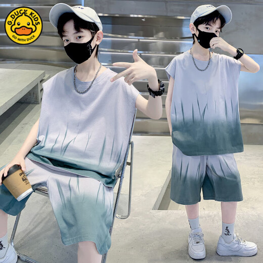 G.DUCK男童背心夏装套装2025新款网红儿童夏季无袖运动服薄款中大童夏款 TZK687-绿色套装 140 建议身高130-140厘米