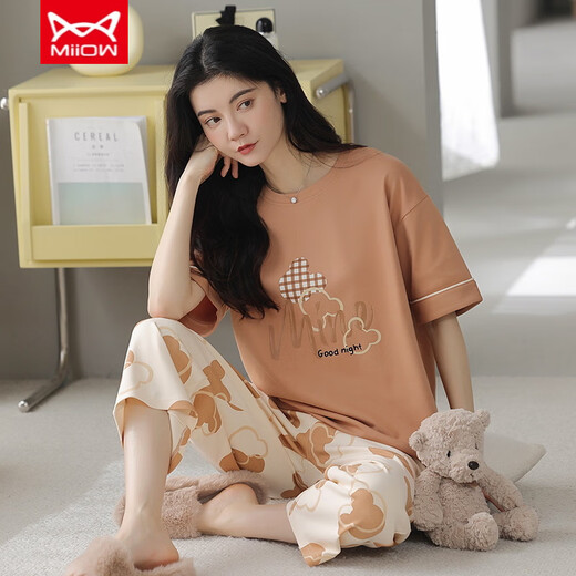 Catman (Miiow) Pure Cotton Pajama для женщин в летних укороченных брюках с короткими рукавами.