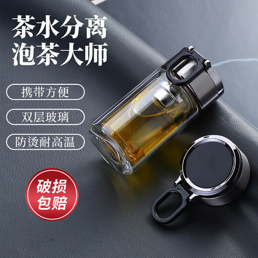 New double-layer insulated glass cup, high temperature resistant tea cup, portable tea and water separation universal mini drinking cup, black mini handle cup, 288ml 1 piece