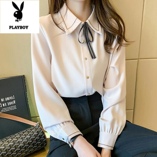 Playboy (PLAYBOY) autumn new chiffon shirt women's top bow tie lapel versatile polo collar shirt long-sleeved bottoming shirt blue XL 125-140Jin Jin equals 0.5 kg