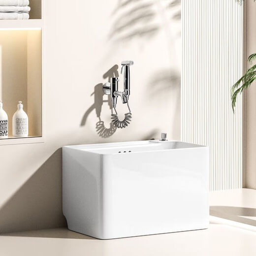 Balkon-Moppbecken, großes rechteckiges Keramik-Moppbecken, kleines Badezimmer, Haushalt, Bodenwaschbecken, Moppbecken, 1049, glasiert, 49 x 38 + Wandspritzpistolen-Wasserhahn