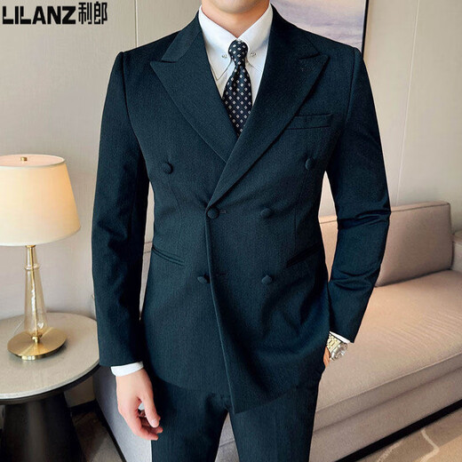 Lilang suit men's wedding striped groom's formal dress double-breasted British style casual slim three-piece suit dark gray L