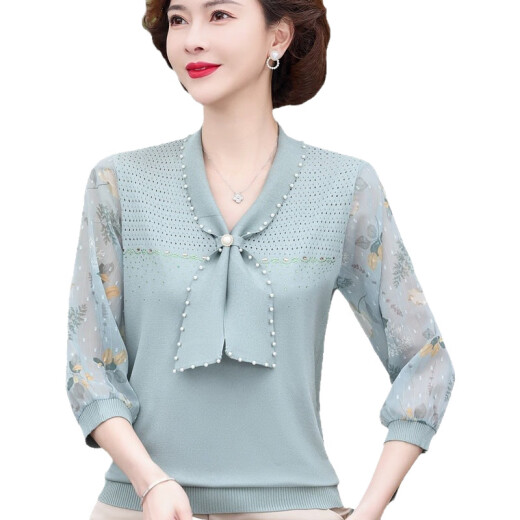 
2025 new mother spring dress fashionable yarn sleeve top clothes middle-aged and elderly women spring and summer knitted T-shirt thin base shirt pink 6636 M (recommended 85-100 Jin [Jin equals 0.5 kg]
