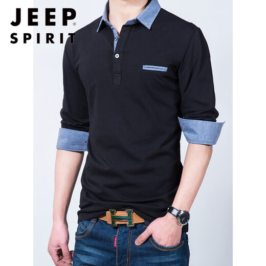 Jeep Spirit Spring- und Sommer-Basishemd für Männer, die lose langärmelige T-Shirt-Autumn-Top mit Revers-Polo-Hemd plus Größe modisch 1506 schwarz [Sommer-Kurzärmel-Stil] M (115Jin [Jin Equals ca. 0,5 kg]))
