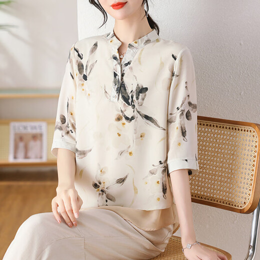 柚狮妈妈装款洋气雪纺短袖T恤2025新款中老年女时尚减龄上衣服 9901_杏色 XL _【建议90-110斤】