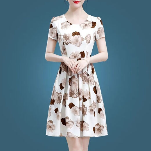 Lin Shilu chiffon floral dress for women in summer 2025 ice silk female temperament large size goddess style slim round neck A-line skirt Ice silk 9901 M Jin [Jin equals 0.5 kg]