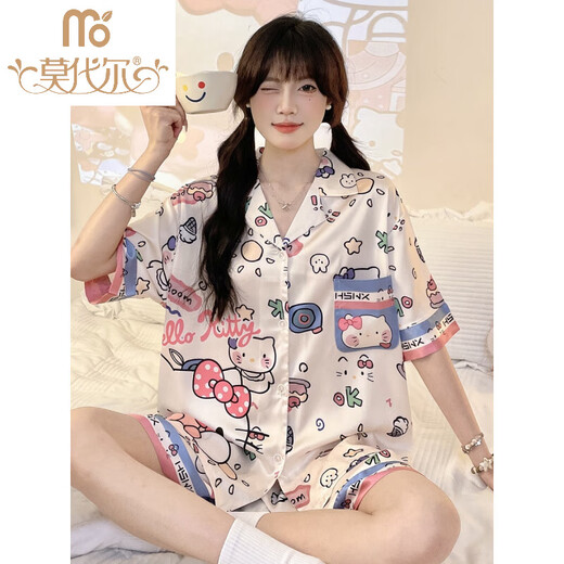 Modal pajamas for women in summer imitation silk. Thick and thin style for students cute sweet cartoon ice silk short-sleeved home clothes summer suit #YX-9214 2XL [131-145]Jin[Jin equals 0.5 kg]