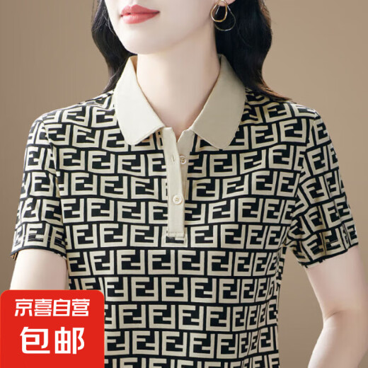 女装洋气妈妈翻领短袖t恤女士夏季新款宽松显瘦POLO衫女印花上衣 829-深杏色 2XL 【建议125-140斤】
