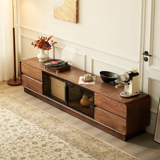 Zhidian Massivholz-TV-Schrank, bodenstehend, nordamerikanisches schwarzes Walnussholz, italienisches leichtes Luxus-High-End-Villa-Standmodell mit Glastür-Unterschrank, 2,15 Meter TV-Schrank YYGMC675, Walnuss