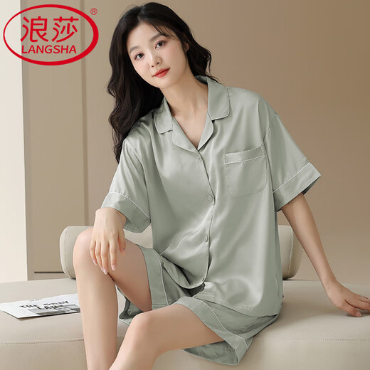 浪莎（LangSha）轻奢高端睡衣女士夏季薄款冰丝短袖短裤开衫简约家居服仿真套装 F-16802 M