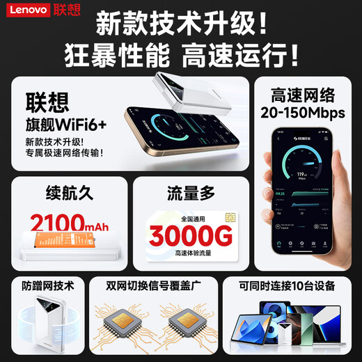 Lenovo original mobile portable wifi6 supports 5G devices wireless Internet access card-free wifi portable network unlimited traffic national universal car laptop 2025 Lenovo official authentic flagship wifi6 high-speed version - charging model white - hot sale dual network card-free + 30-day free trial + suitable for ZTE, Apple and other devices
