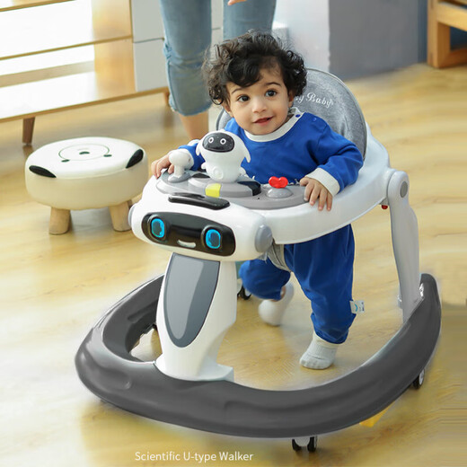 Walker o-legging Baby Multifunktions Anti-Roll-Off-Trolley Baby kann sitzen und schieben, Startauto-Flaggschiff elegantes Grau mit Musikbox + Langer Push-Bar +
