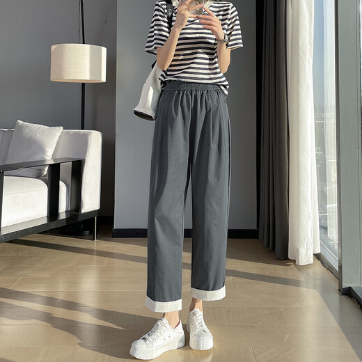 Pantalones harén de seda de hielo de color morado claro para mujer, novedad de verano 2025, pantalones finos de seda de hielo, pantalones rectos informales ajustados de talla grande, caqui, ocho puntos, talla XL recomendada 120-130 Jin Jin es igual a 0,5 kg