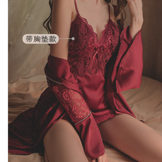 Pajama sexy de estilo Victoria para mujeres en seda de invierno 2025 Nueva boda roja de verano con almohadilla de pecho Traje de camisón de camisón y otoño 9221 lila m _sugestionada 80-100Jin [Jin equivale a 0.5 kg]