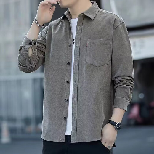 Corduroy long-sleeved shirt for men spring and autumn new workwear multi-pocket top casual shirt jacket retro style gray 2XL