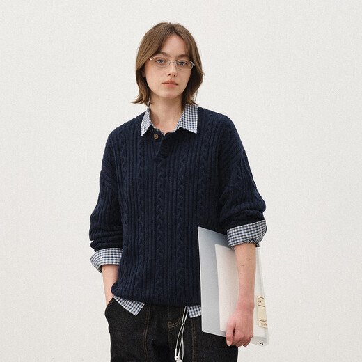 714street Henry collar sheep wool sweater for men 2025 autumn and winter new couple cable knit sweater top for women dark blue L