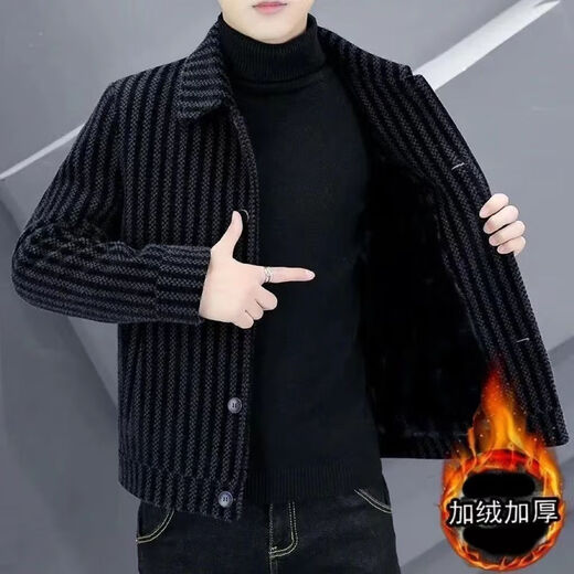 FELALWEN autumn and winter new men's coat high-end versatile plus velvet thick striped wool coat lapel casual jacket warm dark gray XL 125-140Jin Jin equals 0.5 kg