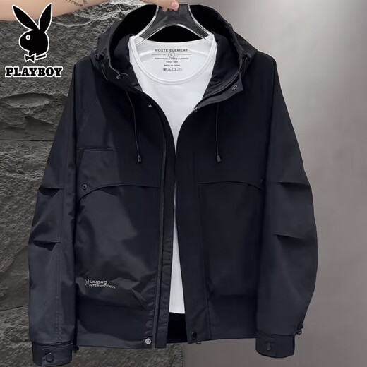 Playboy Spring and Autumn 2025 New Men's Jacket Workwear Hooded Loose Autumn and Winter Velvet Jacket Casual Top Black L Recommended weight 120-135 Jin Jin equals 0.5 kg