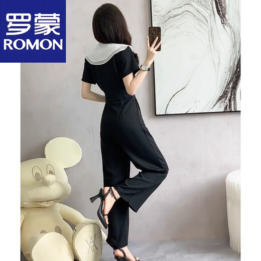 ROMON Summer New Draped Large Lapel Suit Jumpsuit Women's Summer Thin Chiffon Wide Leg Jumpsuit Set Black S