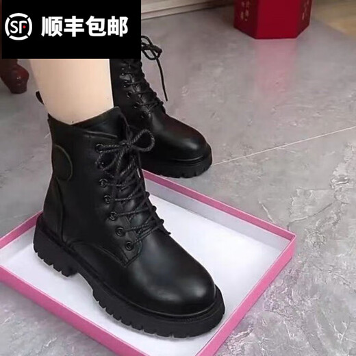 百丽踏软皮羊毛雪地靴女马丁靴加绒加厚保暖棉鞋子防水防滑显瘦韩版短靴 黑色【加绒】 37