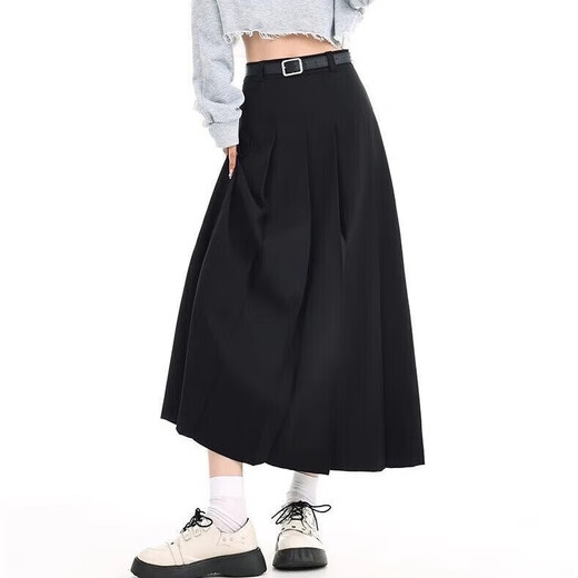 Lugeli skirt women's new pleated suit mid-length skirt high waist a-line skirt covering the crotch high-end elegant slim casual skirt black with belt XL recommended 110-125 Jin Jin equals 0.5 kg