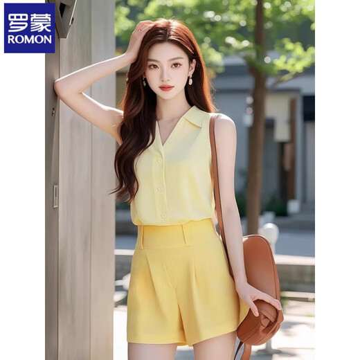 Romon High-End Little Dufts Sommeranzug für Frauen mit einem vollständigen Satz fähiger Temperament weiblicher Temperament weiblicher Dopamin C213# [Gelb zwei Teiler] m Vorschläge [100-110]